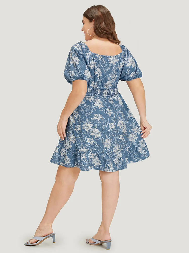 Floral Print Shirred Square Neck Puff Sleeve Dress sold by Bloomchic product image thumbnail 5