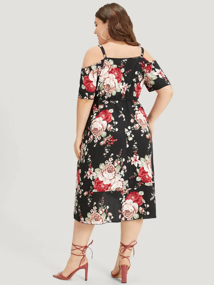 Floral Print Pocket Asymmetrical Hem Cold Shoulder Dress sold by Bloomchic product image thumbnail 4