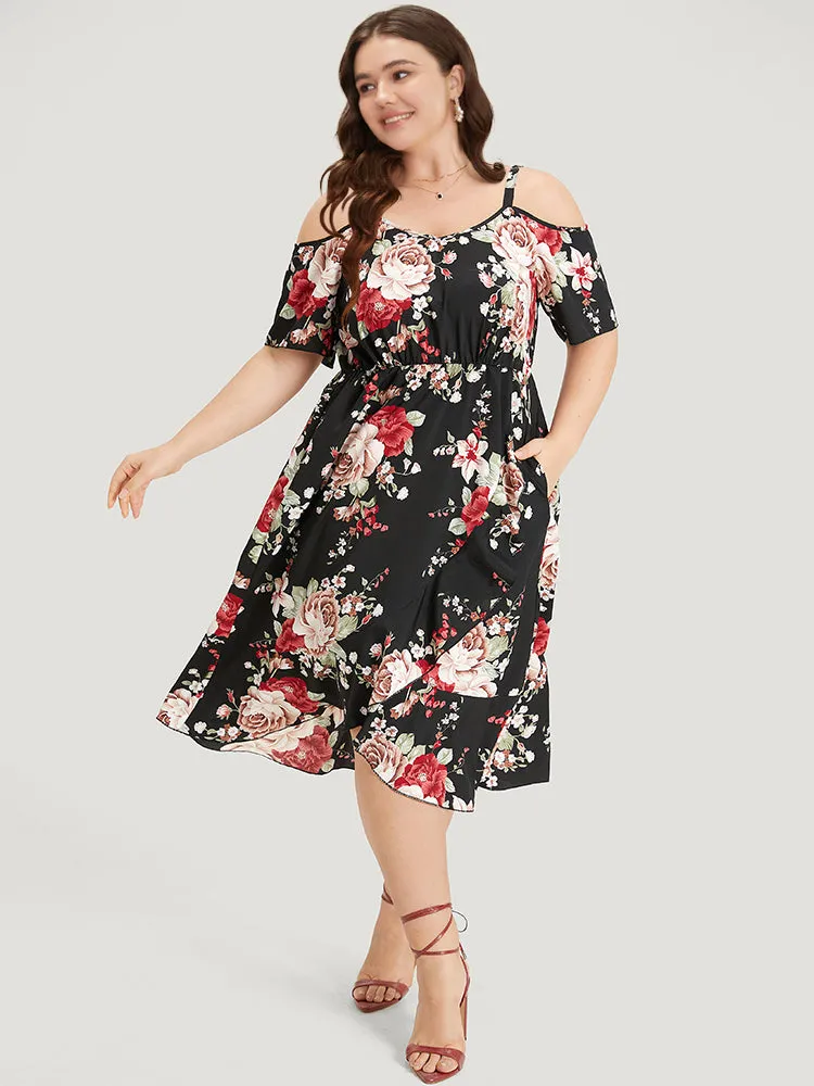 Floral Print Pocket Asymmetrical Hem Cold Shoulder Dress sold by Bloomchic