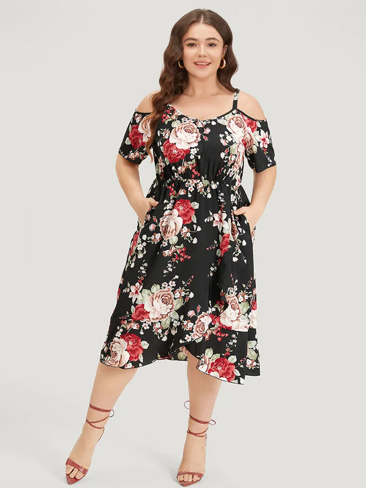 Floral Print Pocket Asymmetrical Hem Cold Shoulder Dress sold by Bloomchic product image thumbnail 2