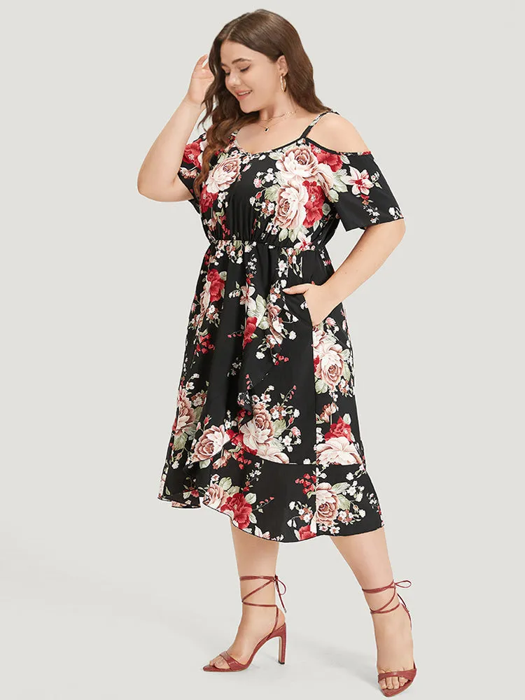 Floral Print Pocket Asymmetrical Hem Cold Shoulder Dress sold by Bloomchic product image thumbnail 3
