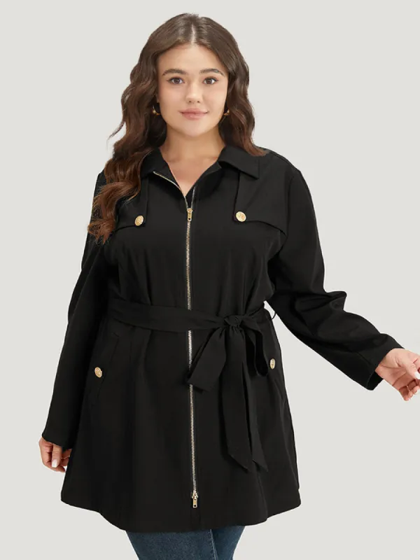 Solid Belted Button Detail Zipper Pocket Coat sold by Bloomchic