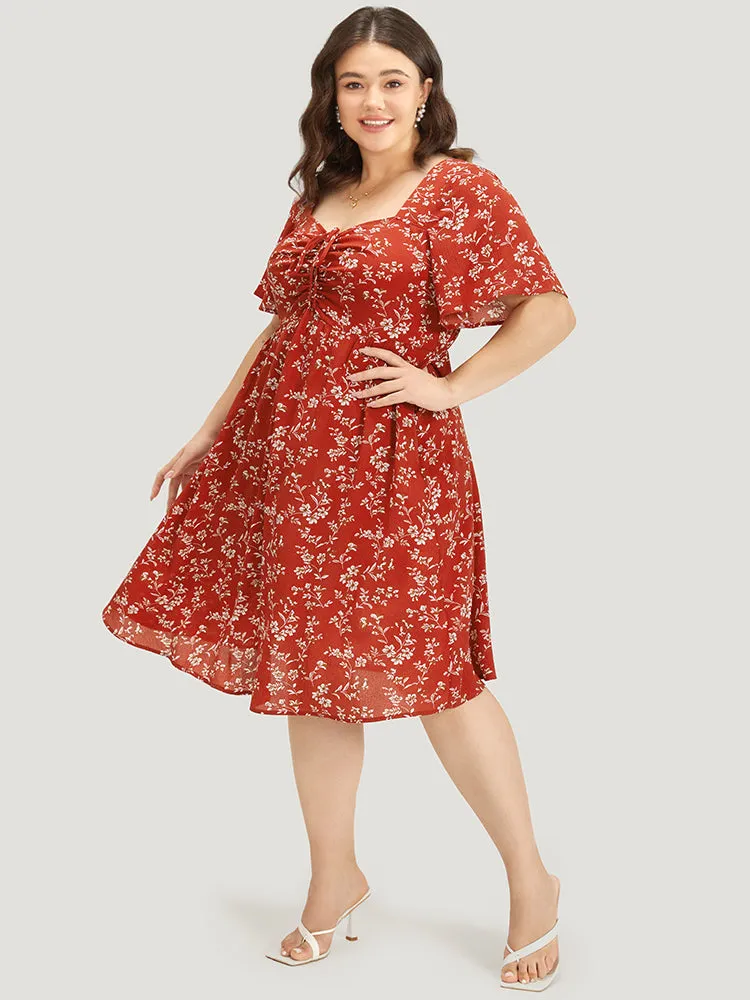 Floral Print Square Neck Ruched Ruffles Drawstring Dress sold by Bloomchic product image thumbnail 4