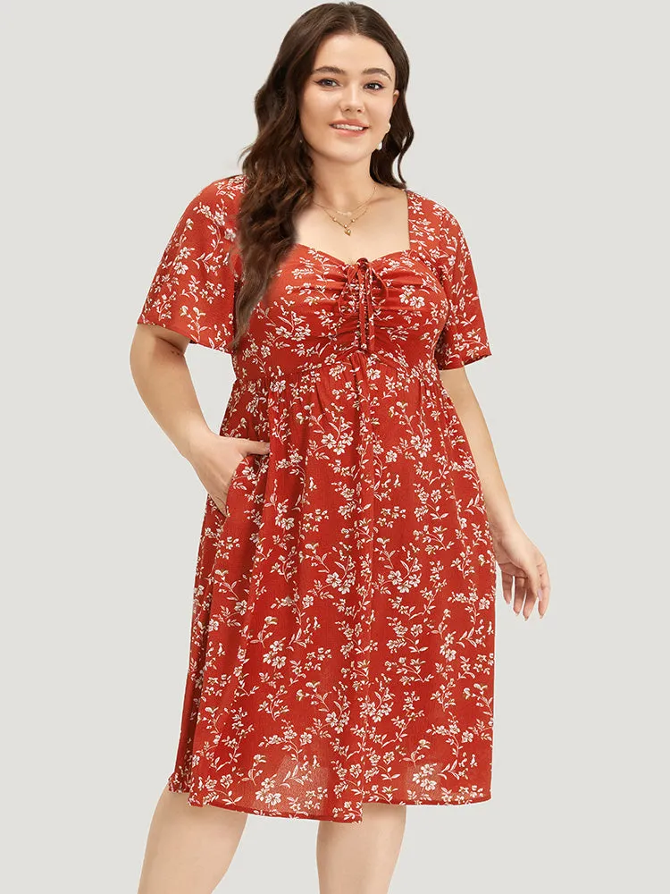 Floral Print Square Neck Ruched Ruffles Drawstring Dress sold by Bloomchic product image thumbnail 5