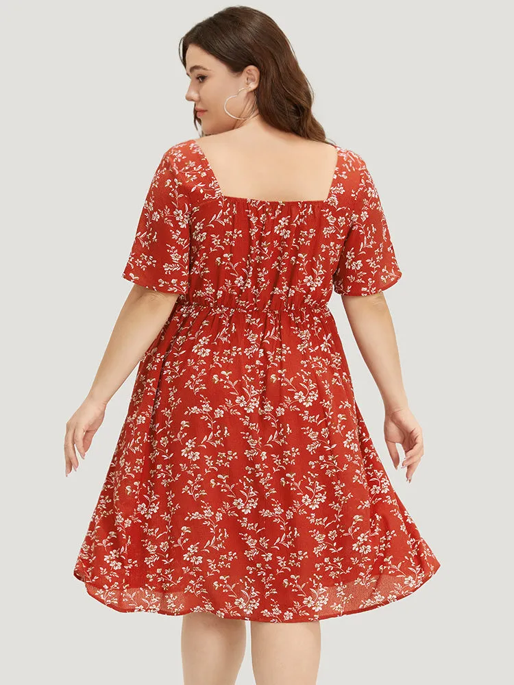 Floral Print Square Neck Ruched Ruffles Drawstring Dress sold by Bloomchic product image thumbnail 2