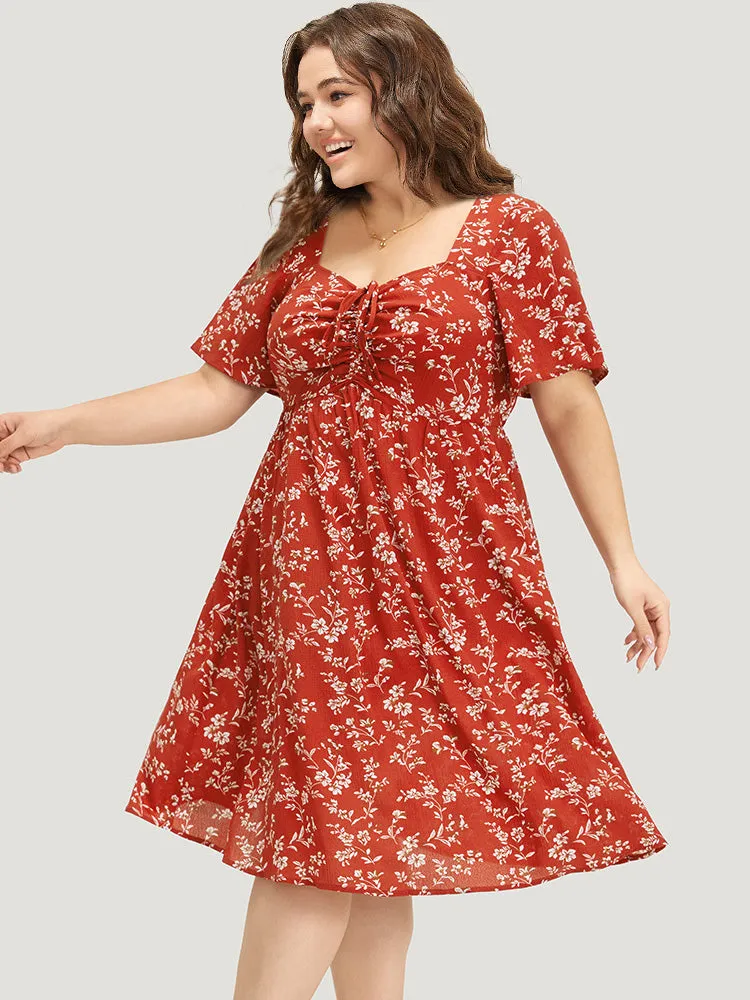 Floral Print Square Neck Ruched Ruffles Drawstring Dress sold by Bloomchic product image thumbnail 3