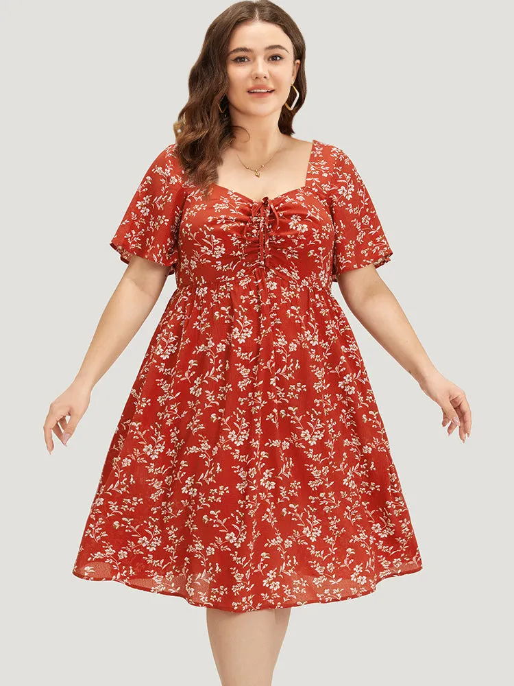 Floral Print Square Neck Ruched Ruffles Drawstring Dress sold by Bloomchic