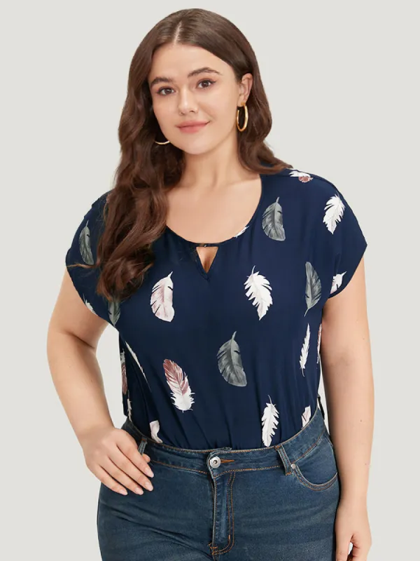 Feather Print Keyhole Batwing Sleeve Bodysuit sold by Bloomchic