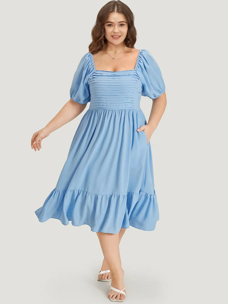 Square Neck Puff Sleeve Ruched Ruffle Hem Dress sold by Bloomchic product image thumbnail 4