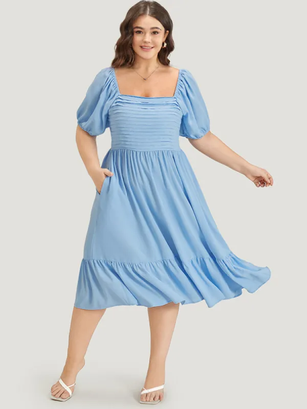 Square Neck Puff Sleeve Ruched Ruffle Hem Dress sold by Bloomchic