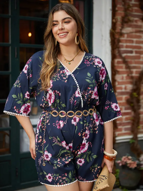 Floral Print Overlap Collar Contrast Trim Pocket Jumpsuit sold by Bloomchic