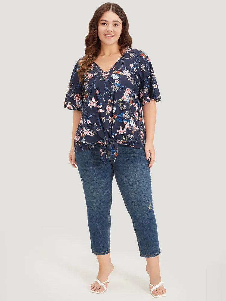 Floral Print V Neck Ruffle Sleeve Twist Hem Blouse sold by Bloomchic product image thumbnail 4