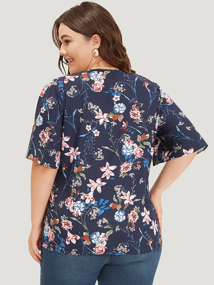 Floral Print V Neck Ruffle Sleeve Twist Hem Blouse sold by Bloomchic product image thumbnail 5