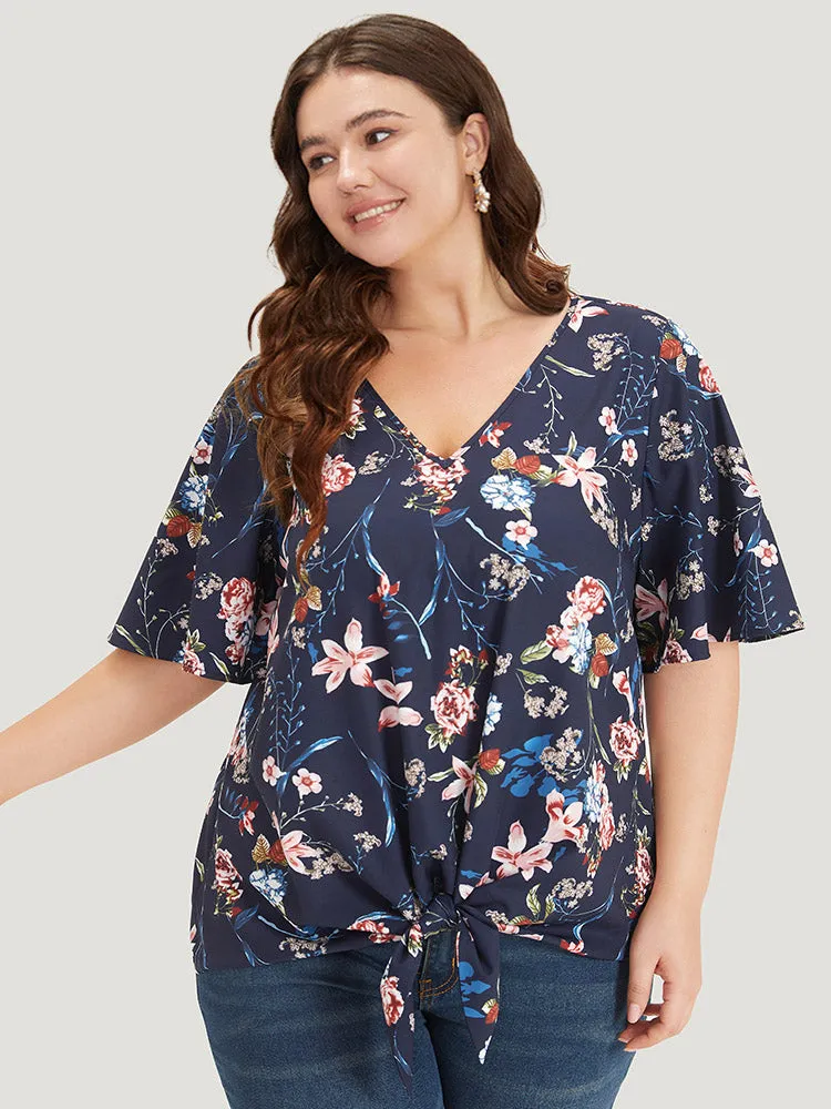 Floral Print V Neck Ruffle Sleeve Twist Hem Blouse sold by Bloomchic product image thumbnail 2