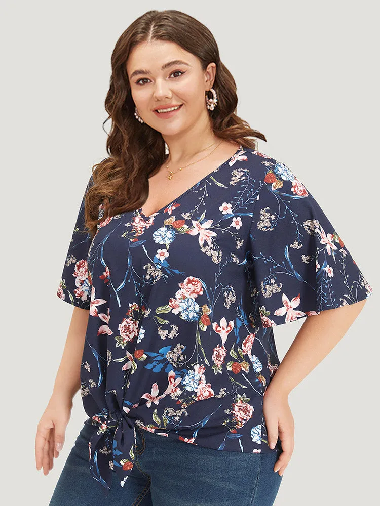 Floral Print V Neck Ruffle Sleeve Twist Hem Blouse sold by Bloomchic product image thumbnail 3
