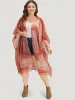 Boho Print Open Front Tassel Trim Batwing Sleeve Kimono sold by Bloomchic