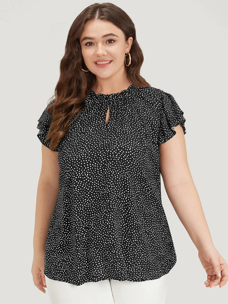 Polka Dot Keyhole Flutter Trim Layered Blouse sold by Bloomchic