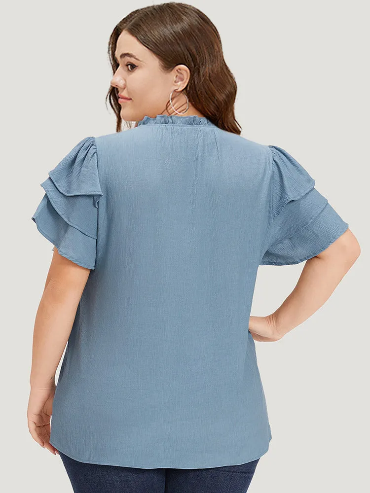 Plain Knot Neck Stand Collar Ruffle Layered Sleeve Blouse sold by Bloomchic product image thumbnail 2