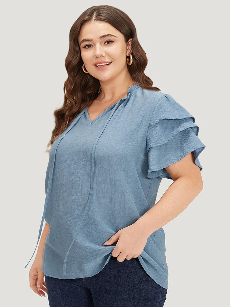 Plain Knot Neck Stand Collar Ruffle Layered Sleeve Blouse sold by Bloomchic product image thumbnail 3