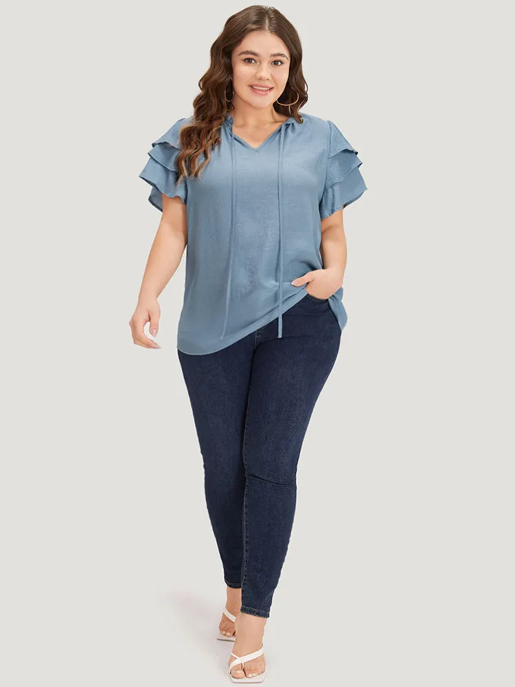 Plain Knot Neck Stand Collar Ruffle Layered Sleeve Blouse sold by Bloomchic product image thumbnail 4