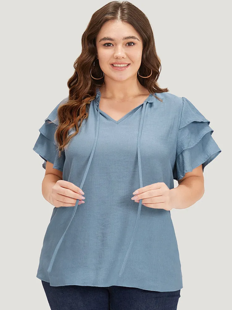 Plain Knot Neck Stand Collar Ruffle Layered Sleeve Blouse sold by Bloomchic
