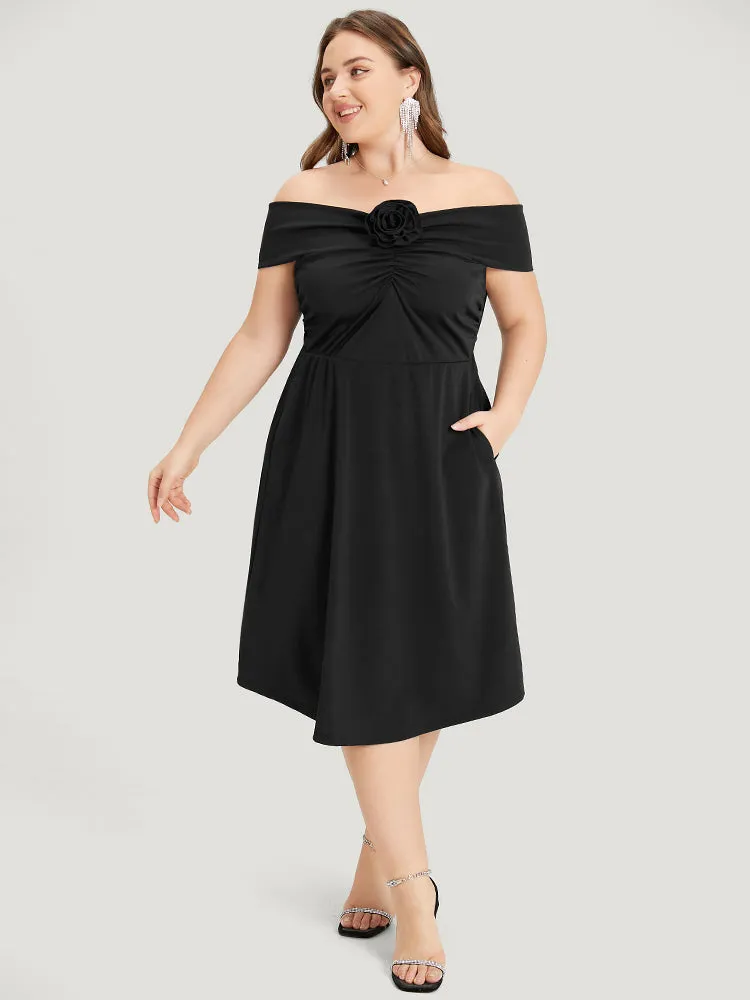 Solid Pocket Floral Detail Ruched Off Shoulder Dress sold by Bloomchic product image thumbnail 4