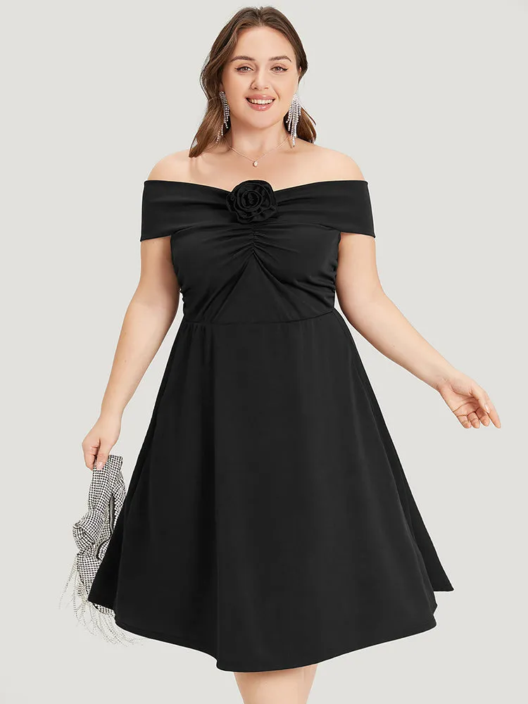 Solid Pocket Floral Detail Ruched Off Shoulder Dress sold by Bloomchic