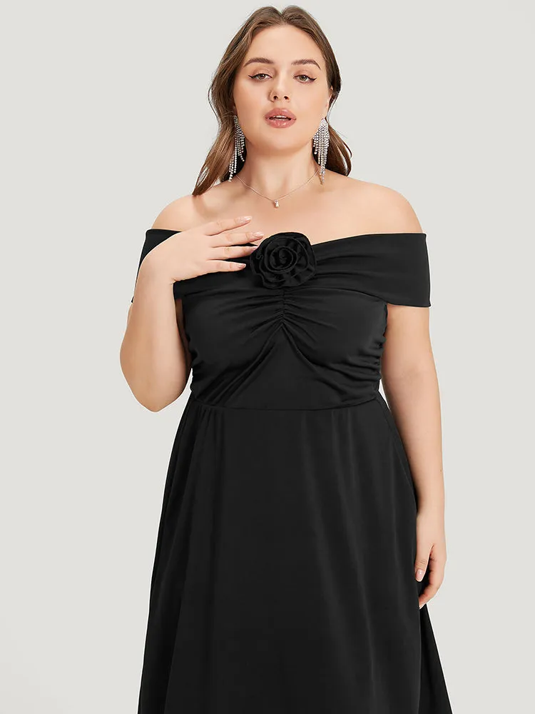 Solid Pocket Floral Detail Ruched Off Shoulder Dress sold by Bloomchic product image thumbnail 5