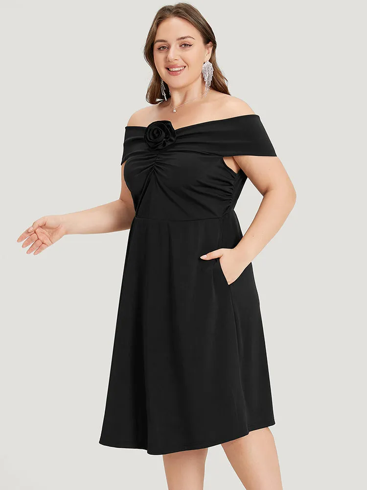 Solid Pocket Floral Detail Ruched Off Shoulder Dress sold by Bloomchic product image thumbnail 2