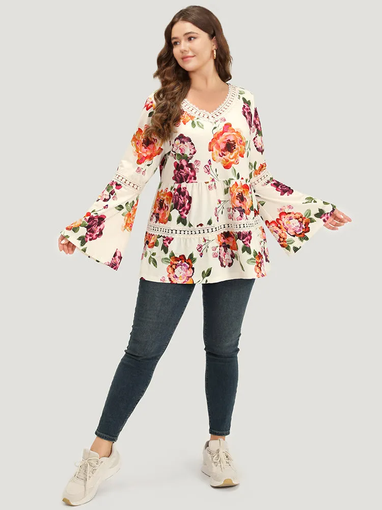 Floral Print Lace Panel Bell Sleeve T-shirt sold by Bloomchic product image thumbnail 4