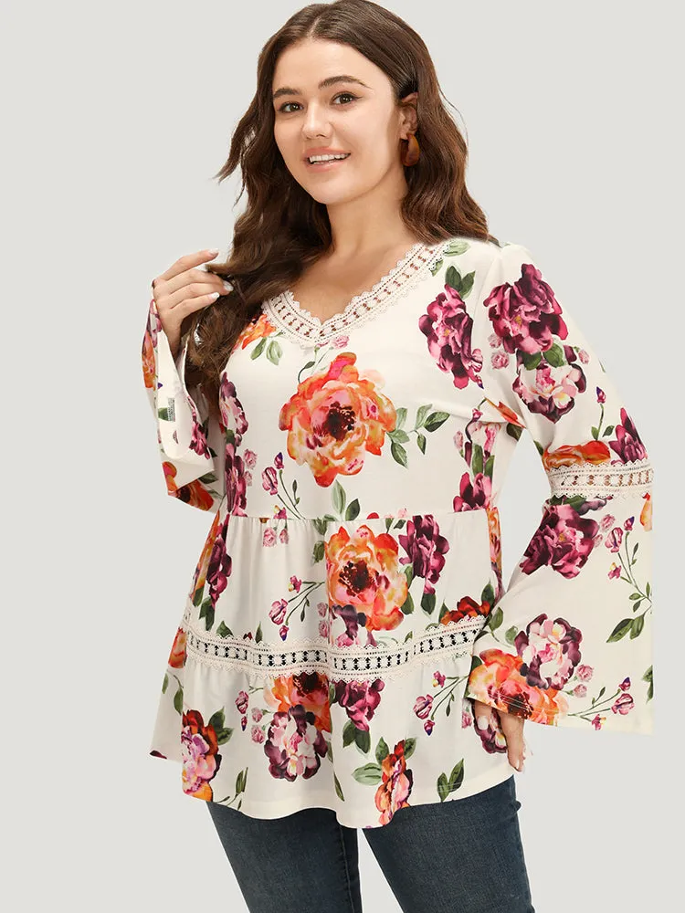 Floral Print Lace Panel Bell Sleeve T-shirt sold by Bloomchic product image thumbnail 3