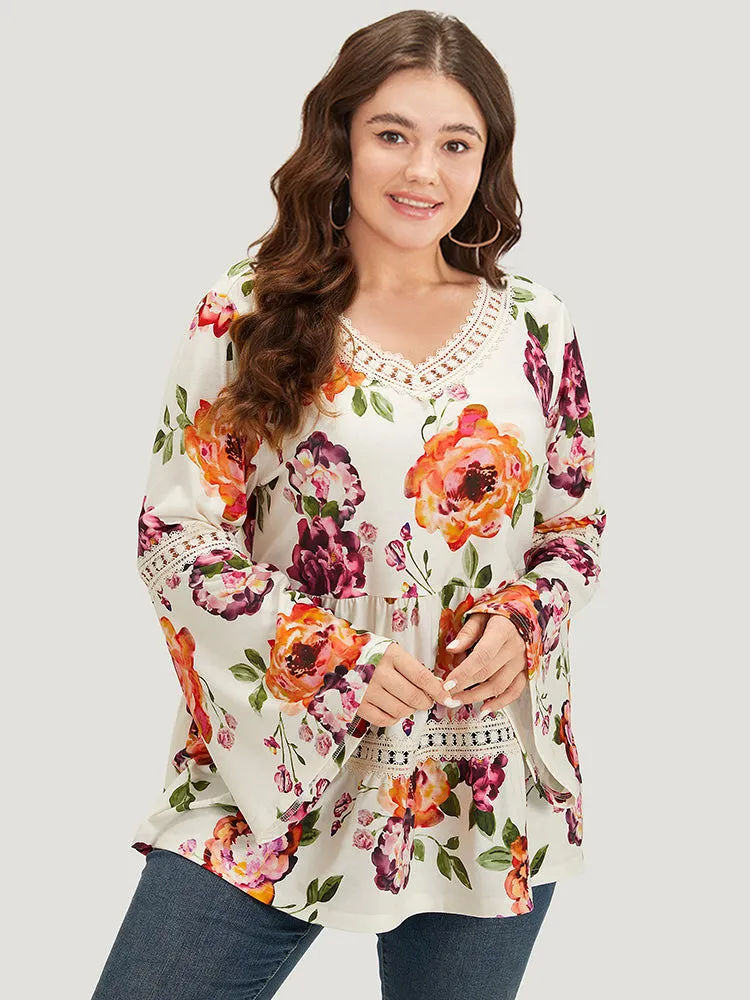 Floral Print Lace Panel Bell Sleeve T-shirt sold by Bloomchic product image thumbnail 5