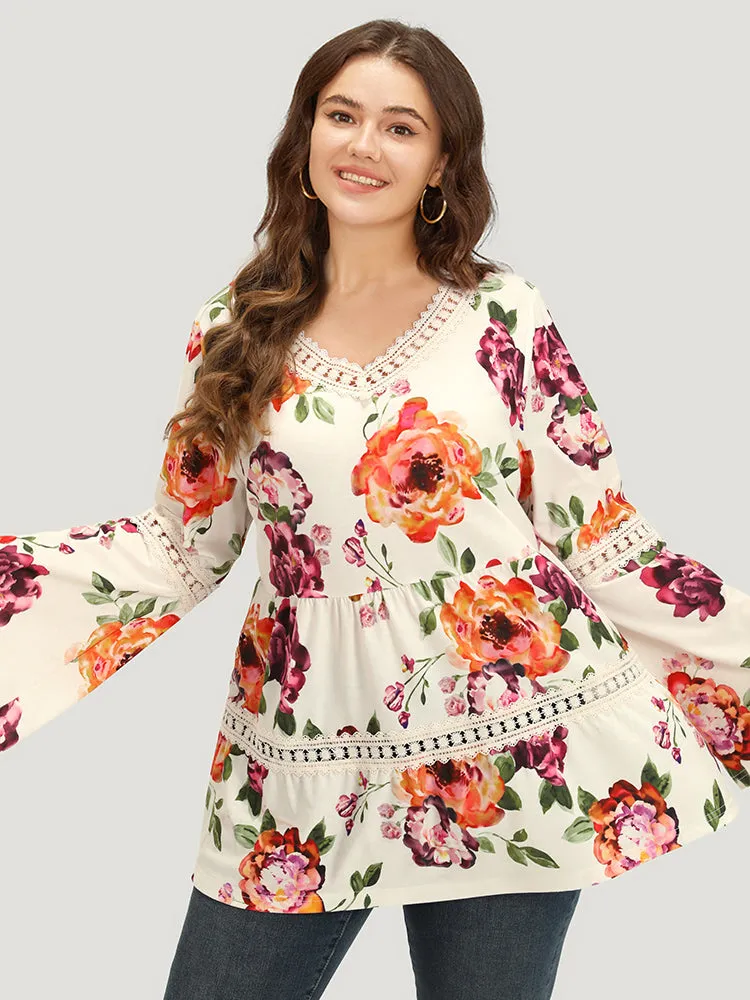 Floral Print Lace Panel Bell Sleeve T-shirt sold by Bloomchic