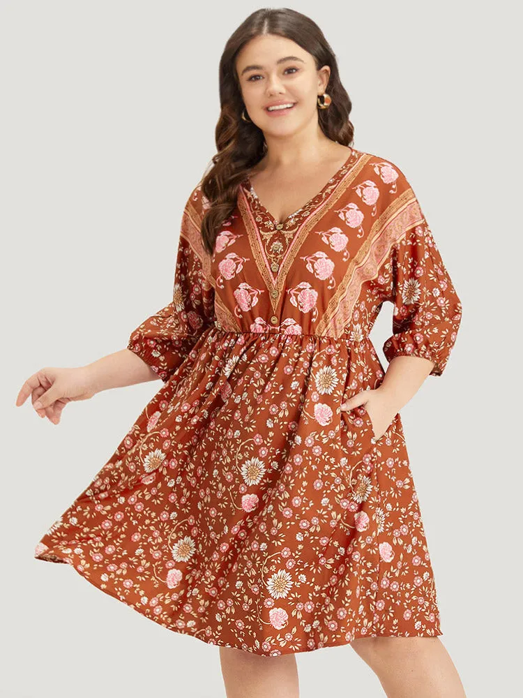 Floral Print Elastic Cuffs Button Detail Dress sold by Bloomchic product image thumbnail 3