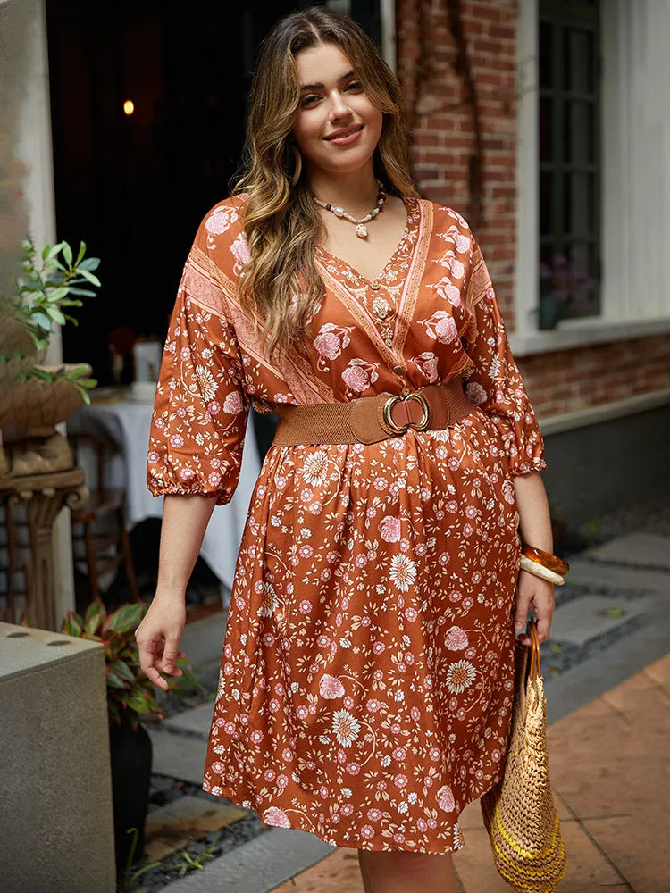 Floral Print Elastic Cuffs Button Detail Dress sold by Bloomchic