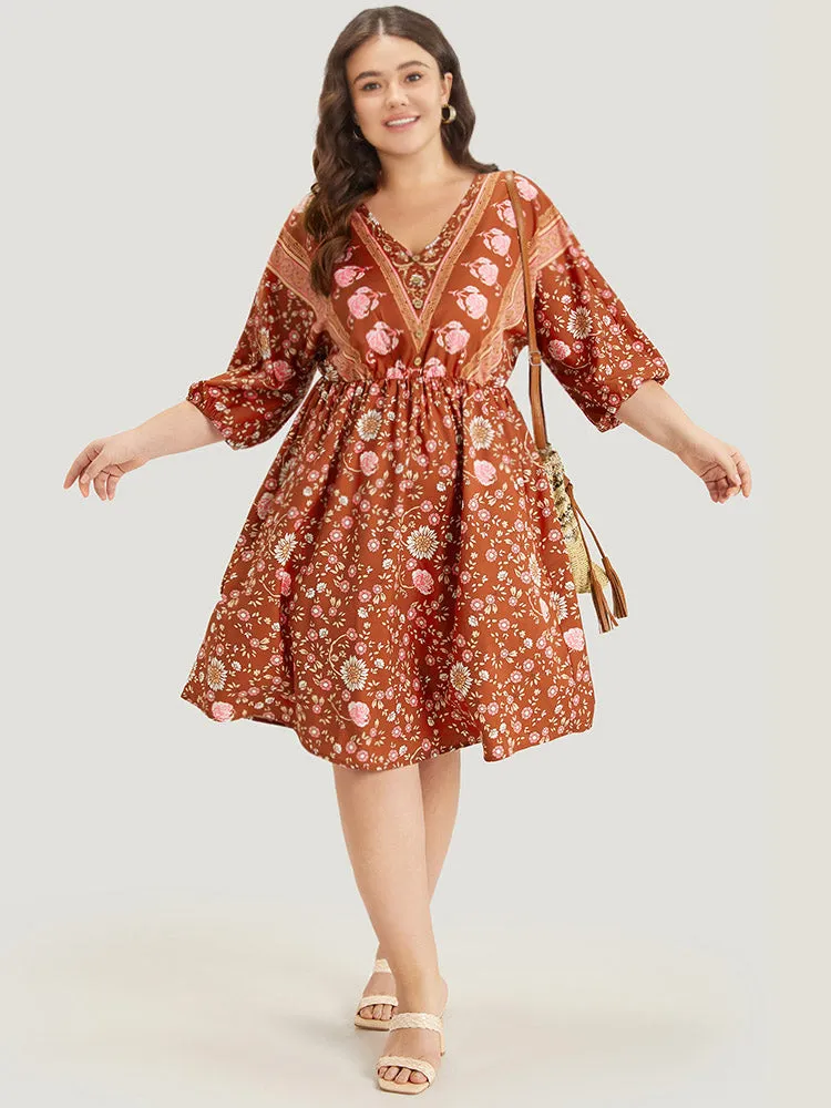 Floral Print Elastic Cuffs Button Detail Dress sold by Bloomchic product image thumbnail 5