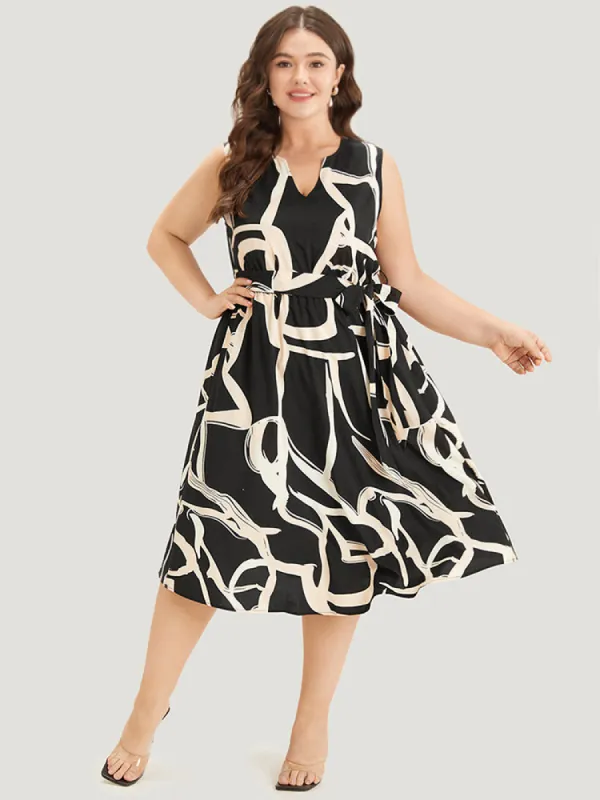 Geometric Print Pocket Notched Belted Tank Dress sold by Bloomchic
