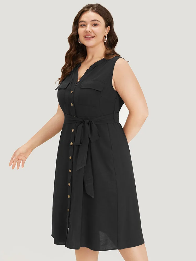 Plain Stand Collar Button Through Pocket Belted Dress sold by Bloomchic product image thumbnail 3