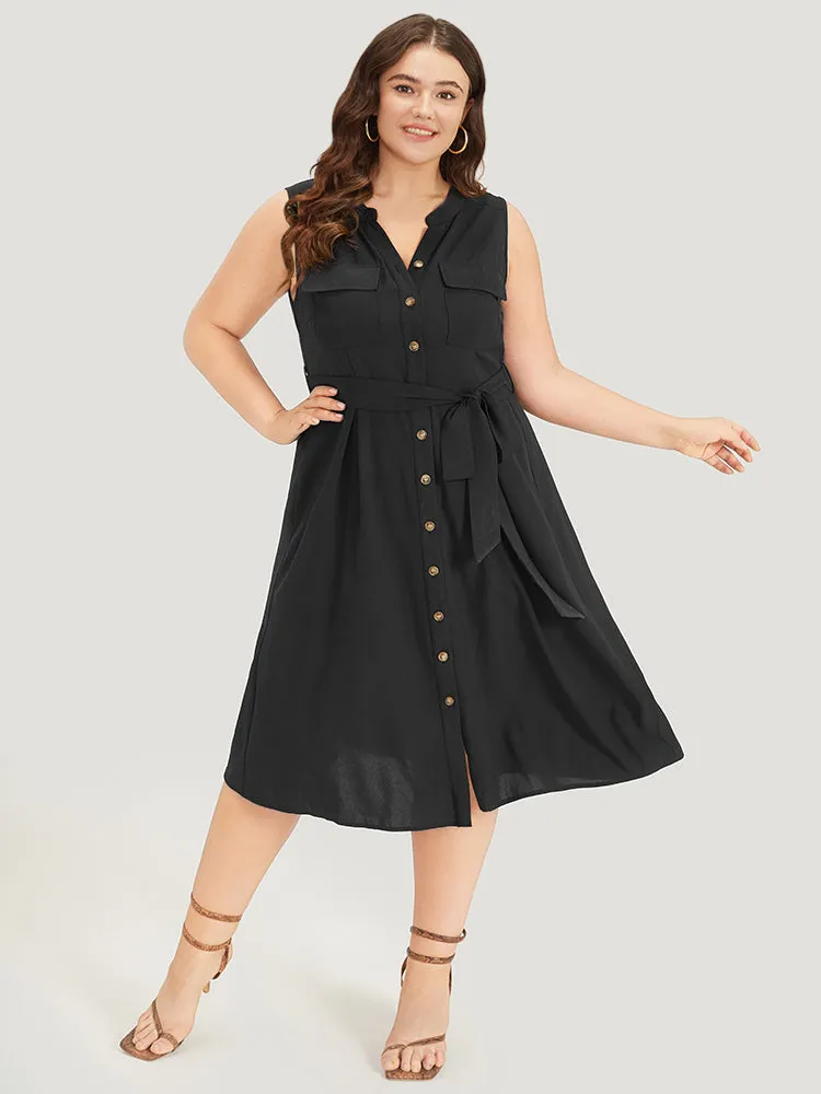 Plain Stand Collar Button Through Pocket Belted Dress sold by Bloomchic product image thumbnail 4