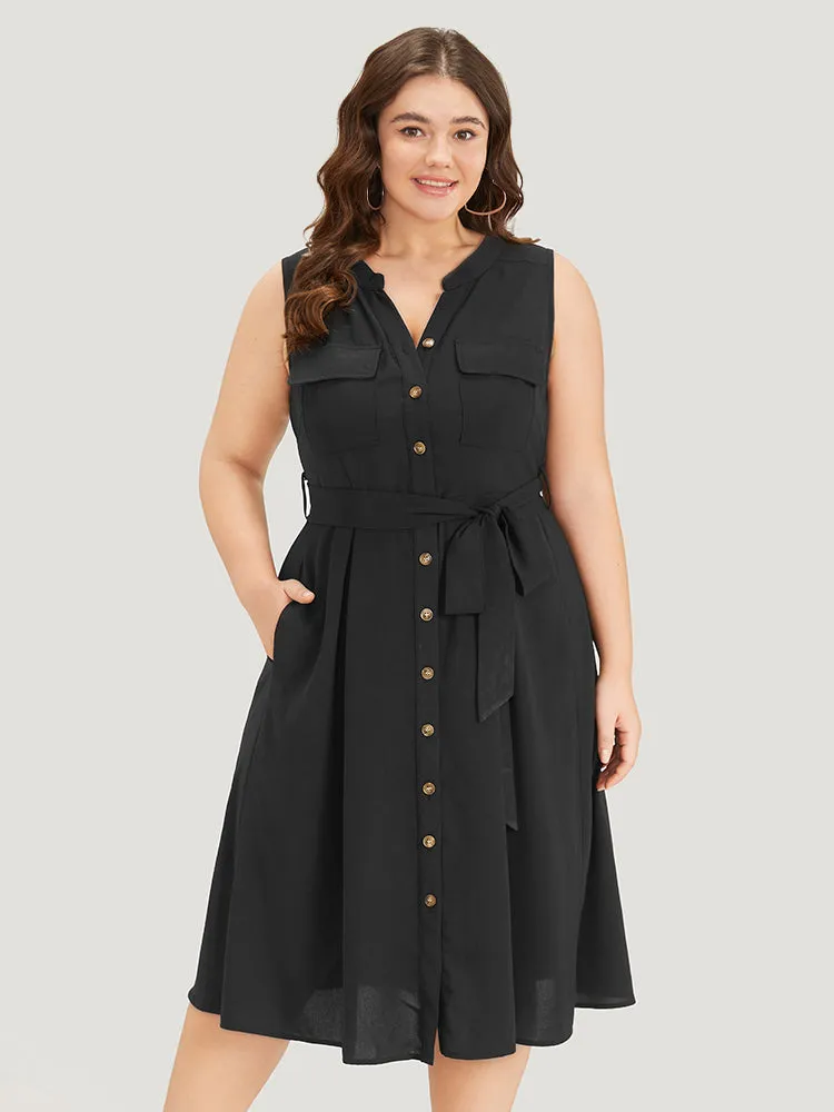 Plain Stand Collar Button Through Pocket Belted Dress sold by Bloomchic