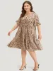 Leopard Print Bell Sleeve Button Up Ruffle Layered Hem Dress sold by Bloomchic