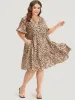 Leopard Print Bell Sleeve Button Up Ruffle Layered Hem Dress sold by Bloomchic