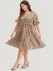 Leopard Print Bell Sleeve Button Up Ruffle Layered Hem Dress sold by Bloomchic