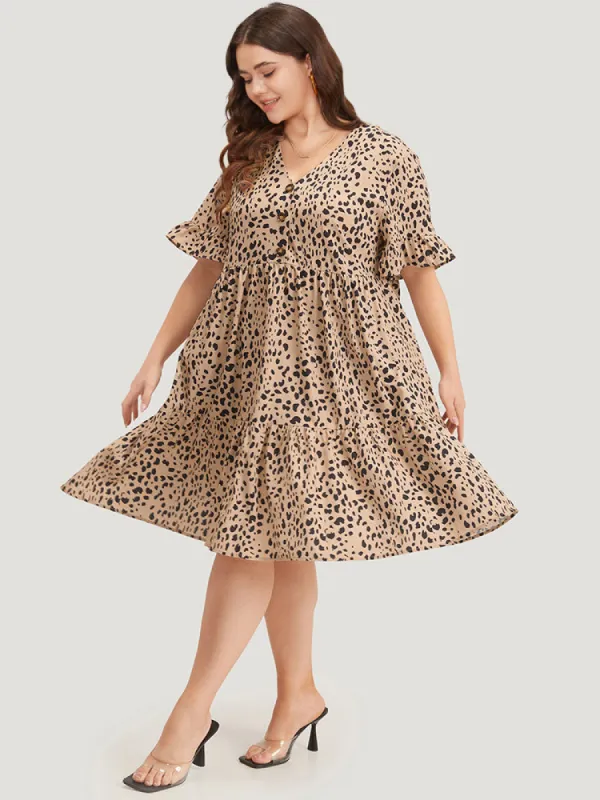 Leopard Print Bell Sleeve Button Up Ruffle Layered Hem Dress sold by Bloomchic