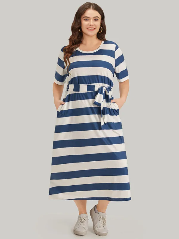 Striped Ties Pocket Crew Neck Dress sold by Bloomchic