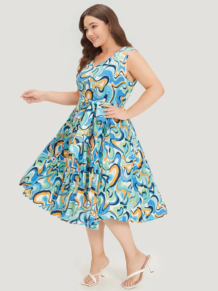 Water Ripple Print V Neck Belted Plicated Detail Tank Dress sold by Bloomchic product image thumbnail 3