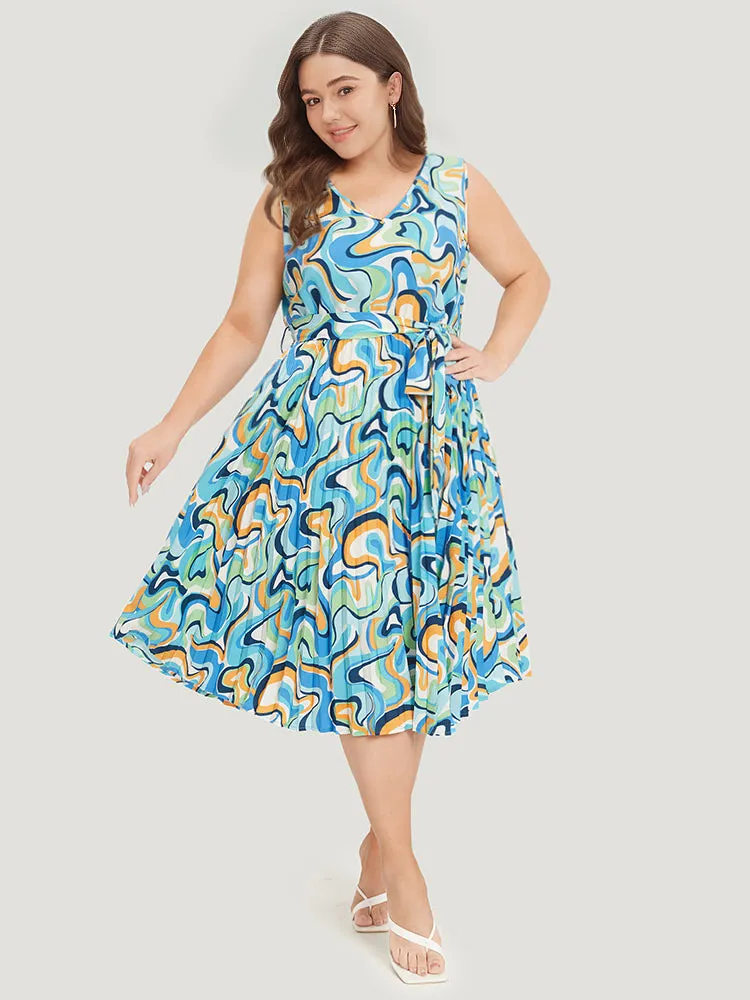 Water Ripple Print V Neck Belted Plicated Detail Tank Dress sold by Bloomchic product image thumbnail 4