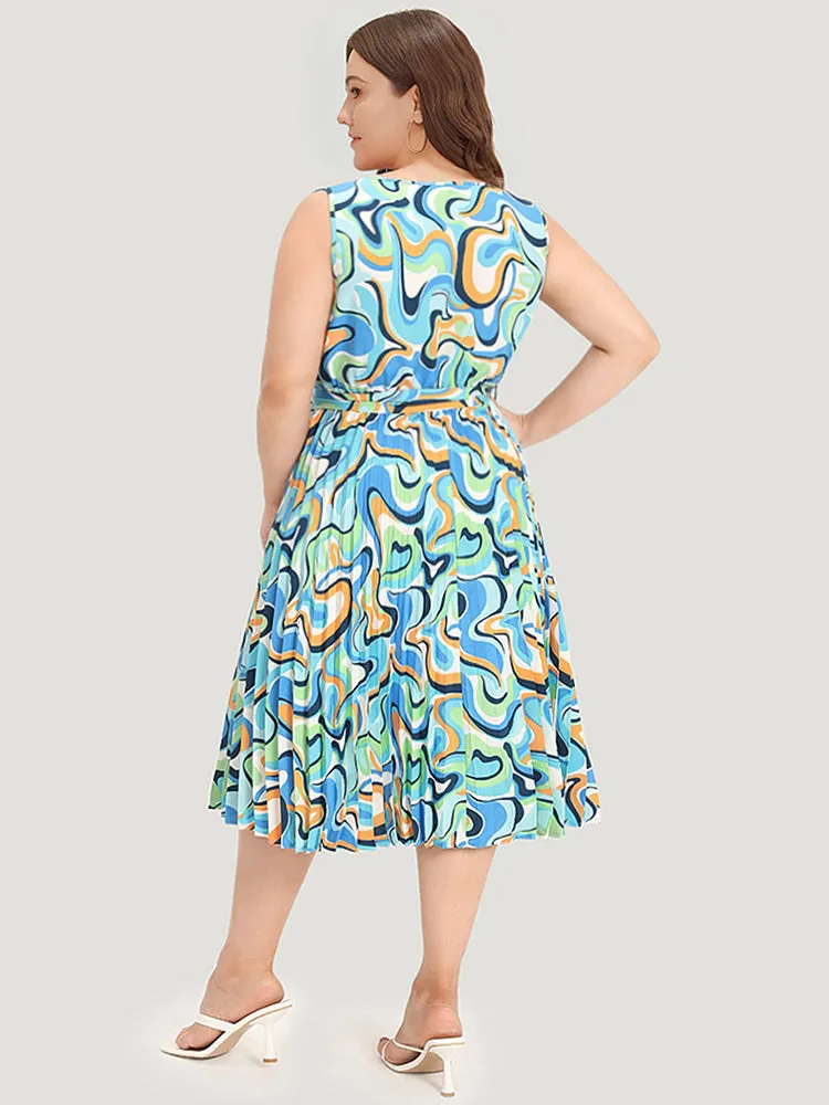Water Ripple Print V Neck Belted Plicated Detail Tank Dress sold by Bloomchic product image thumbnail 2
