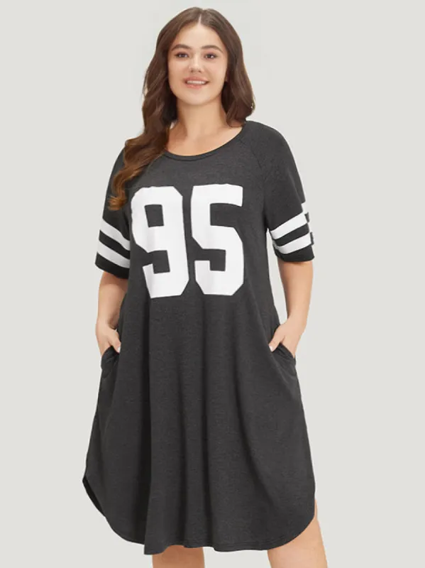 Number Print Pocket Curved Hem Dress sold by Bloomchic