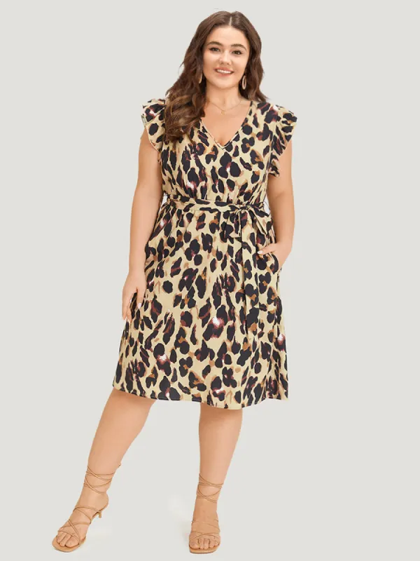 Leopard Print Belted V Neck Ruffle Cap Sleeve Dress sold by Bloomchic